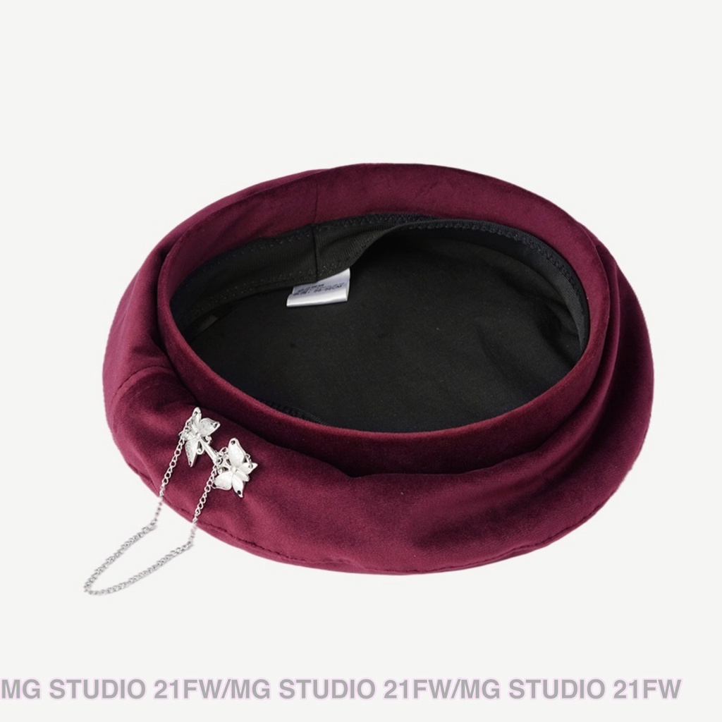 Mũ beret MG STUDIO trang trí nút hình bướm bạc 3 màu sắc tuỳ chọn