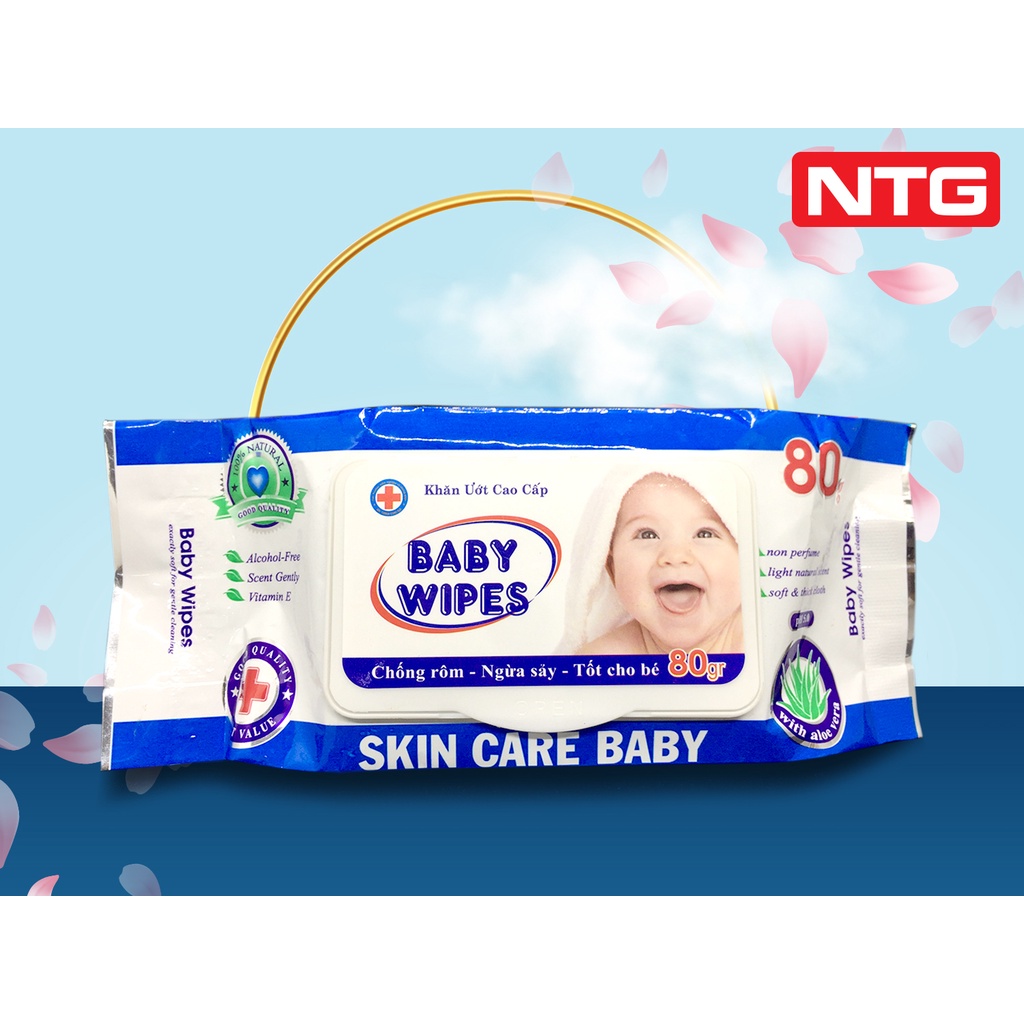 Khăn giấy ướt Không mùi cho bé Baby Wipes 80g màu Xanh, vải loại 1 dai mịn, giá sỉ