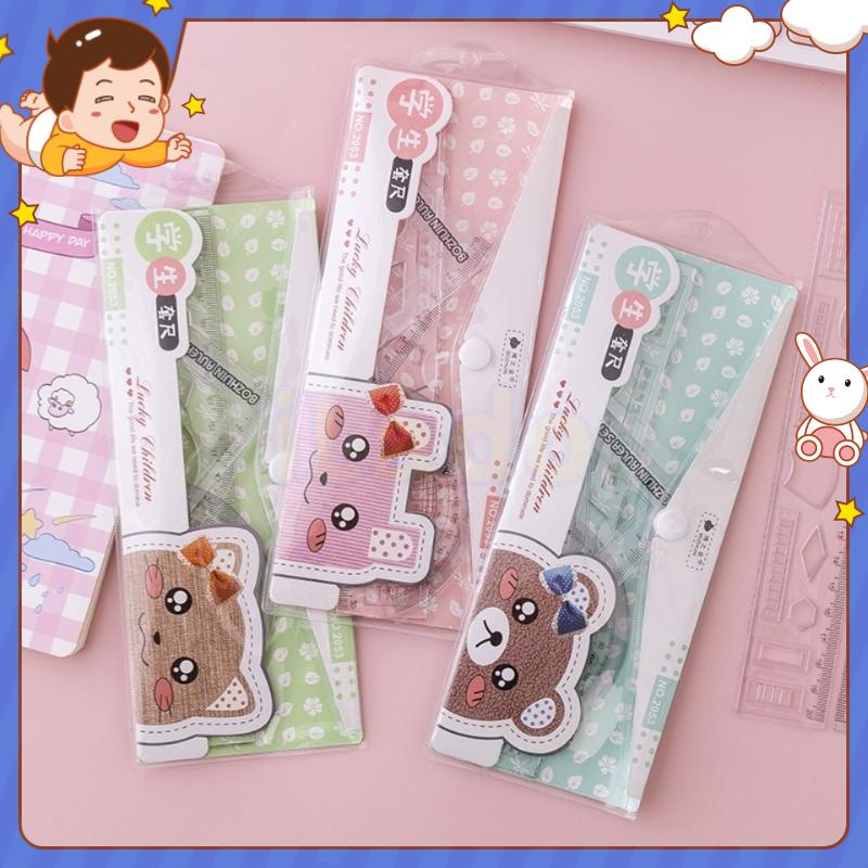 ⭐ iLado ⭐   Bộ Thước Kẻ 4 Món 15cm Thước đo kích thước Dụng Cụ Vẽ Hình Học Thước kẻ học sinh dễ thương chất lượng cao Tiện Lợi Hoạt Hình trong suốt có túi đựng In Họa Tiết Hoạt Hình dễ thương