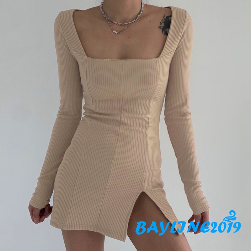 Đầm Tay Dài Cổ Vuông Xẻ Tà Màu Trơn Thời Trang Cho Nữ