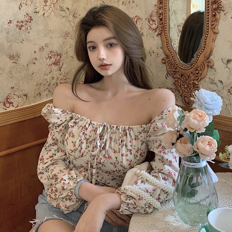Áo Sơ Mi Chiffon Tay Dài Cổ Vuông In Họa Tiết Hoa Retro Quyến Rũ Cho Nữ