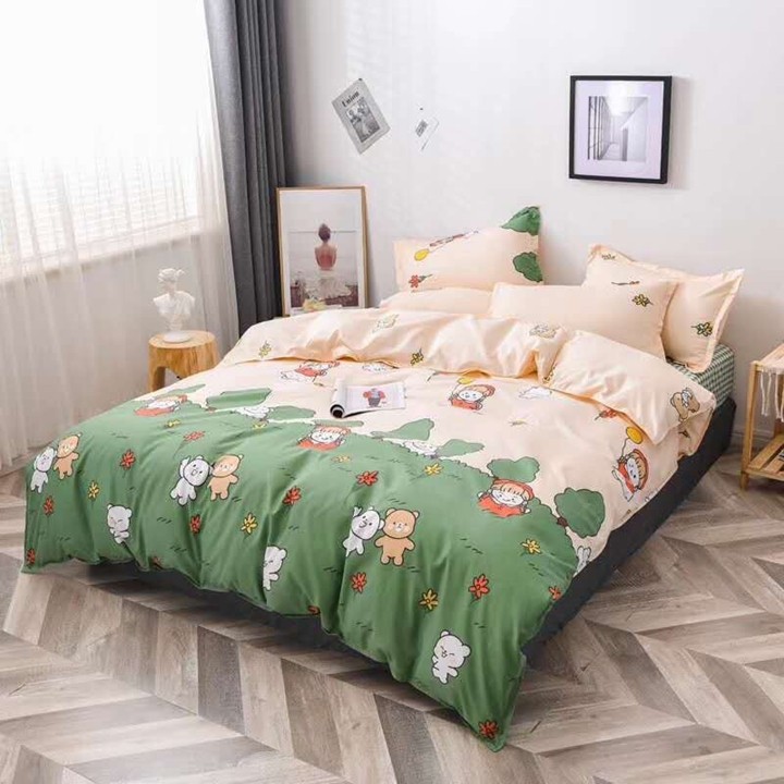 Bộ chăn ga gối drap giường chất cotton poly họa tiết cô bé rừng xanh