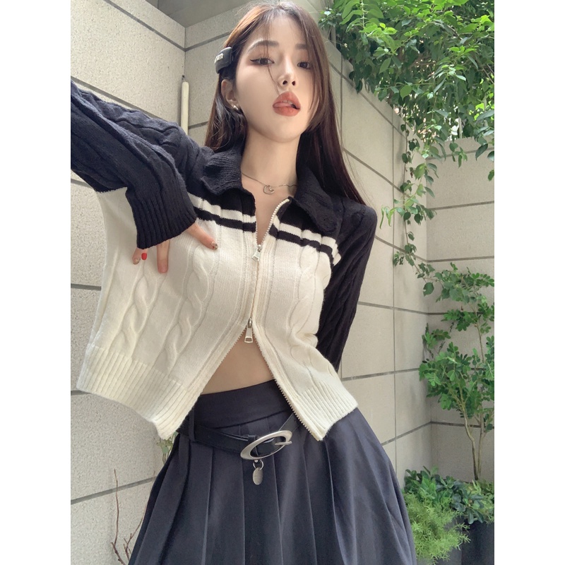Áo cardigan Dệt Kim Cổ polo Dáng Ngắn Có Khóa Kéo Phong Cách Hàn Quốc Cho Nữ