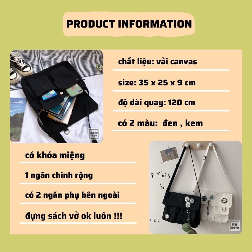 Túi đeo chéo, túi đeo vai vải canvas phong cách Hàn Quốc siêu cá tính đi học đi chơi