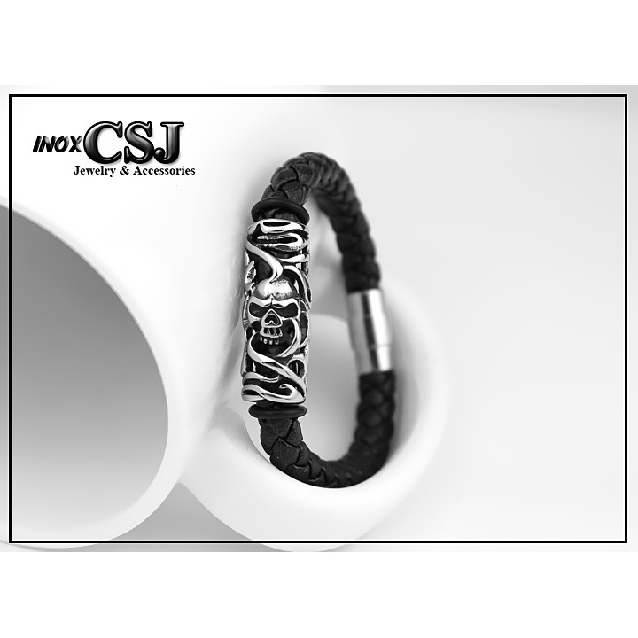 vòng tay da xịn khóa inox vip kiểu đầu lâu siêu ngầu - 03 mẫu