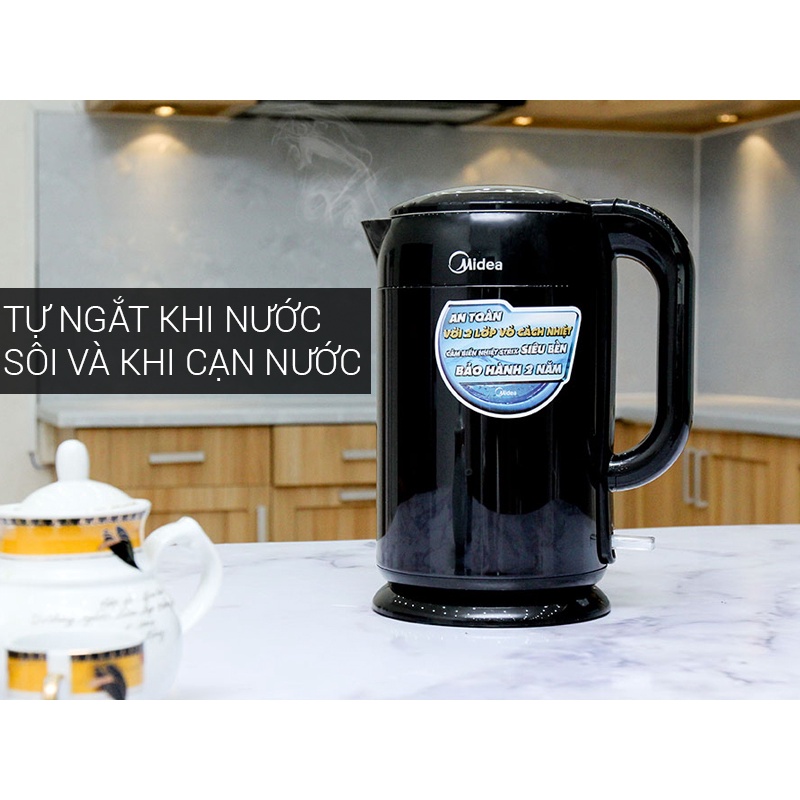 Ấm siêu tốc MIDEA MK-317DB 1.7L , bình đun nước siêu tốc chất liệu inox bọc nhựa 2 lớp chống nóng
