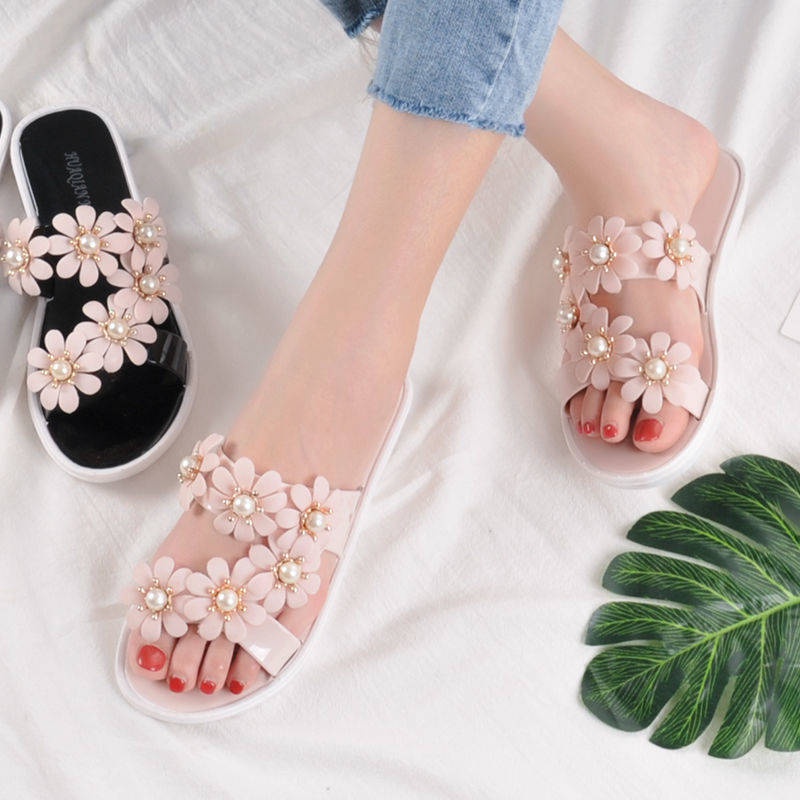 Dép Đế Xuồng Đính Hoa Ngọc Trai Sang Trọng Hợp Thời Trang Phong Cách Hàn Quốc