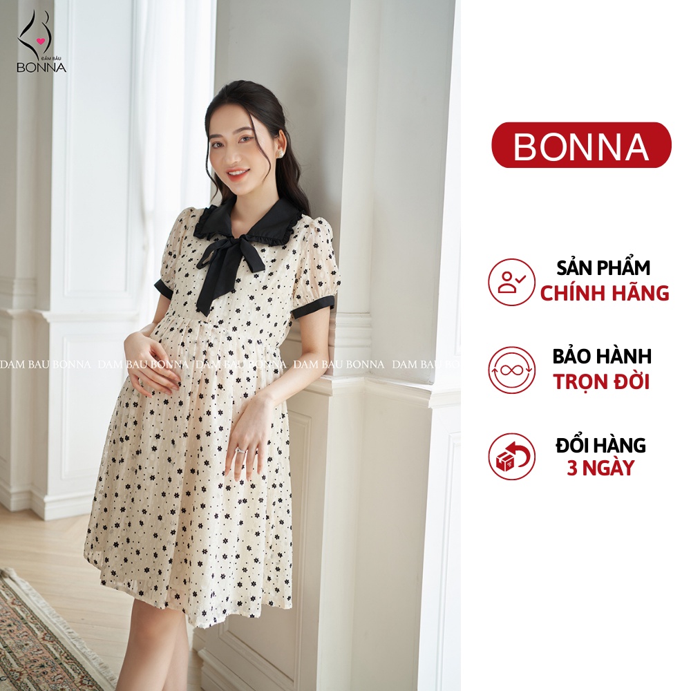Váy bầu mùa hè BONNA họa tiết chấm bi kèm hoa nhí cổ điển mà hiện đại, chất vải sợi tự nhiên cao cấp thoáng VS021