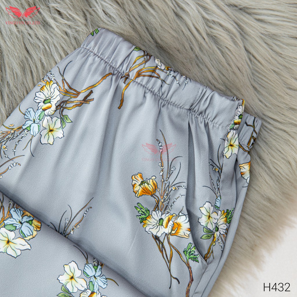 Bộ Pyjama Mặc Nhà Nữ VINGO Lụa Pháp Cao Cấp Tay Cộc Quần Lửng Họa Tiết Cành Hoa Tinh Tế Thanh Lịch H432 VNGO - TCQL | BigBuy360 - bigbuy360.vn
