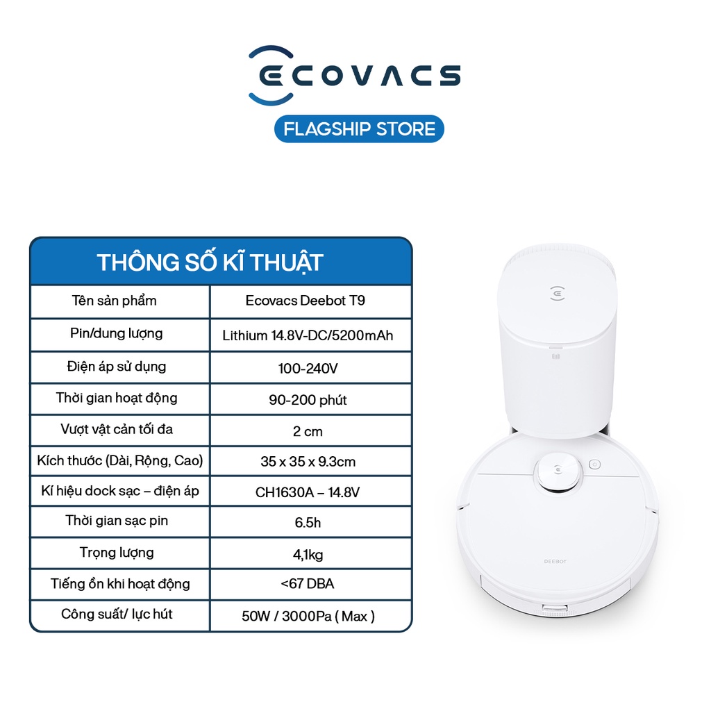 Robot Hút Bụi Lau Nhà Ecovacs Deebot T9 - Lực Hút Mạnh Mẽ 3000Pa, Bản Quốc Tế Chính Hãng Tặng Sáp Thơm