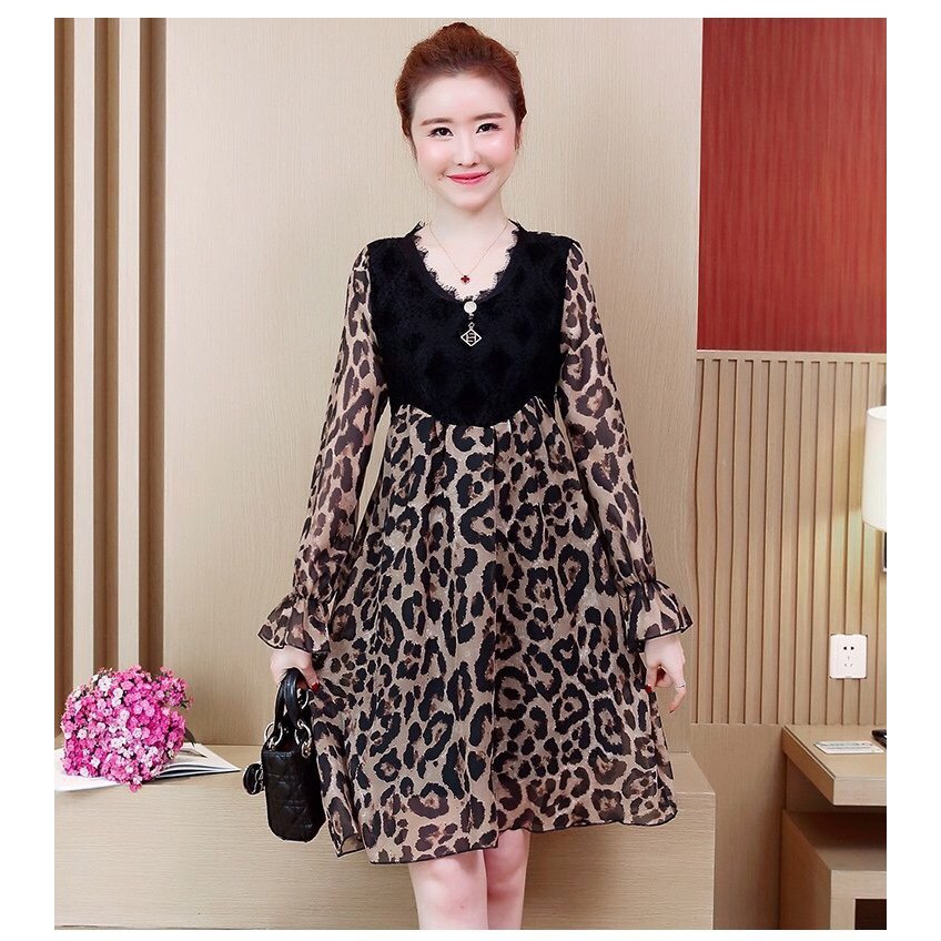 ĐẦM SUÔNG HỌA TIẾT BEO PHỐI REN CÁCH ĐIỆU SANG TRỌNG CÓ SIZE LỚN XXL- HÀNG NHẬP KHẨU
