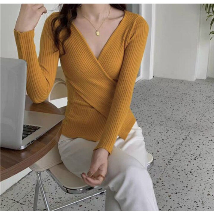 Áo thun nữ thân đáp chéo tay dài chất thun gân - 5 màu
