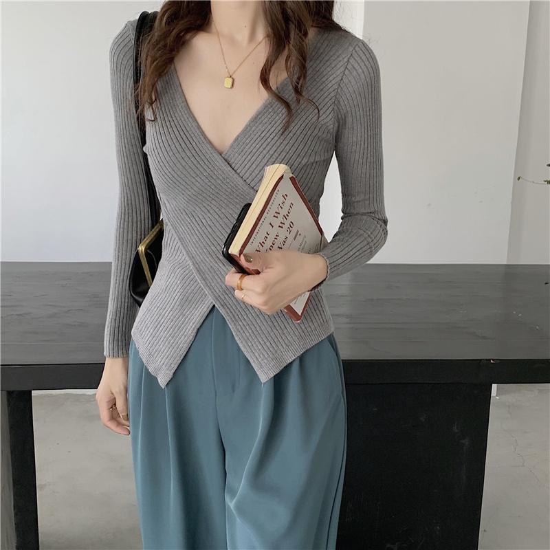 Cocory vn Áo Croptop Dệt Kim Tay Dài Cổ Chữ V Chéo Màu Sắc Thời Trang Cho Nữ