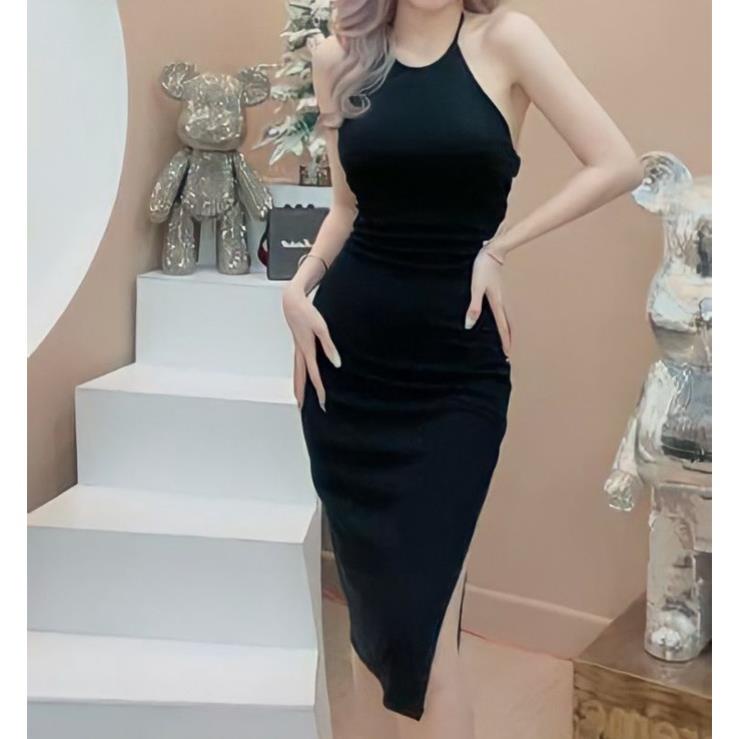 (SẴN/HÌNH THẬT) CHIBI DRAGON - Đầm yếm ôm body hở lưng xẻ tà váy bo chun dây lưng ^