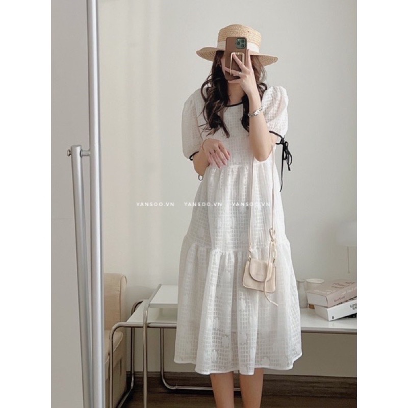 Đầm , váy trắng dáng xuông cổ viền tay nơ hai lớp , váy babydoll dáng dài  , đầm công chúa chụp kỷ yêu yansoo