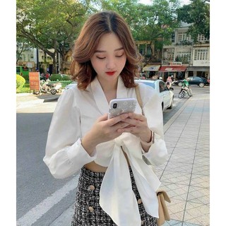 Áo sơ mi trắng croptop cột nơ