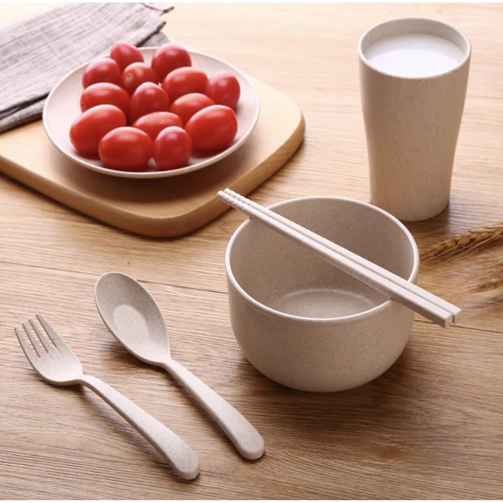 Hàng Loại 1 - Bộ Tô (Bát) Chén Muỗng Đĩa Nĩa Đũa Dĩa Ly Bằng Lúa Mạch Màu Pastel - Combo 6 Món - HÀNG CÓ SẴN