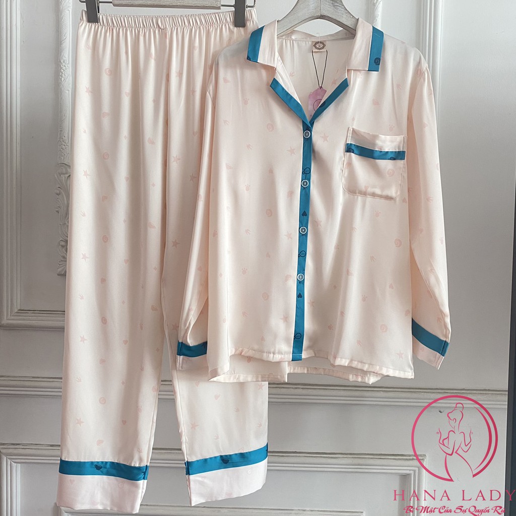 Đồ ngủ mặc nhà nữ, pijama lụa cao cấp tay dài quần dài họa tiết hoa nhí phối viền cao cấp PJ478