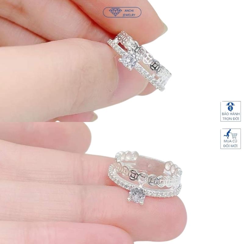 Nhẫn kim tiền 2 vòng đính đá, chuẩn bạc ta nguyên chất cho nữ, Anchi jewelry