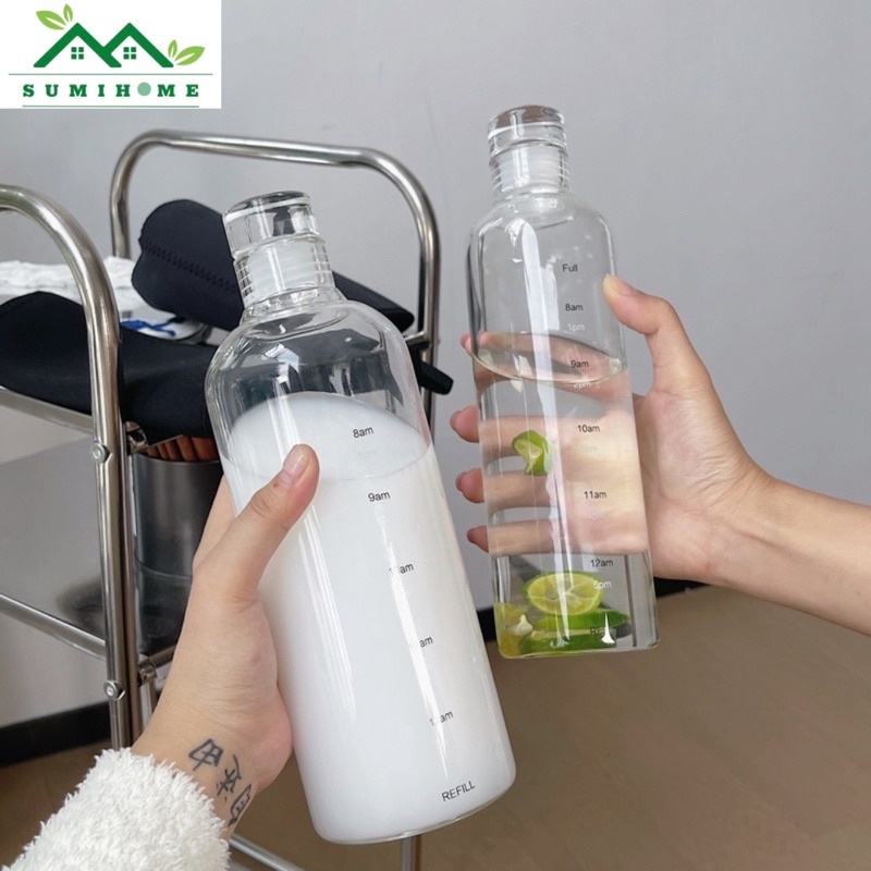 Bình nước nhựa trong suốt có chống rò rỉ vạch chia thời gian 500ml/750ml