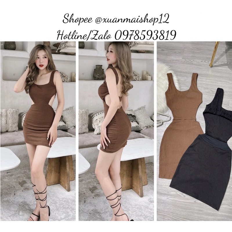 [FREESHIP]Đầm nữ ngắn ôm body chất tăm 2 LỚP dày dặn CÓ QUẦN TRONG 2 dây cổ U hở lưng khoét eo hai màu đen nâu siêu hot