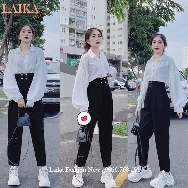 Quần baggy cạp cao công sở nữ phối 4 cúc bấm màu Đen dáng quần tây nữ lưng cao đi học làm công sở vải tuyết mưa dày mềm