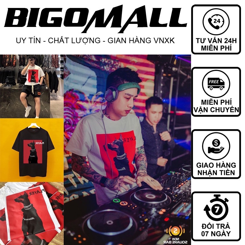 Áo thun tay lỡ chó Player tay lỡ BIGOMALL- Áo thun áo phông nam nữ unisex freesize form rộng 65kg