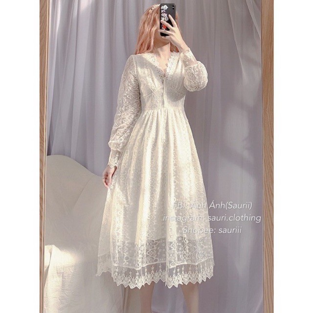 SẴNĐầm maxi tiểu thư ren Mềm mịn công chúa |Đầm xoè ulzzang cổ v vintage dạo phố xinh xắn|Đầm dự tiệc sang chảnh