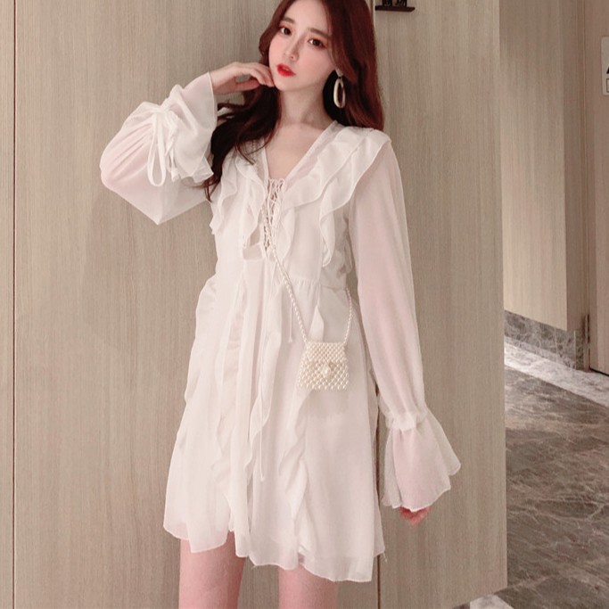 Đầm tay dài XJ cổ chữ V thời trang Hàn Quốc ngọt ngào cho nữ