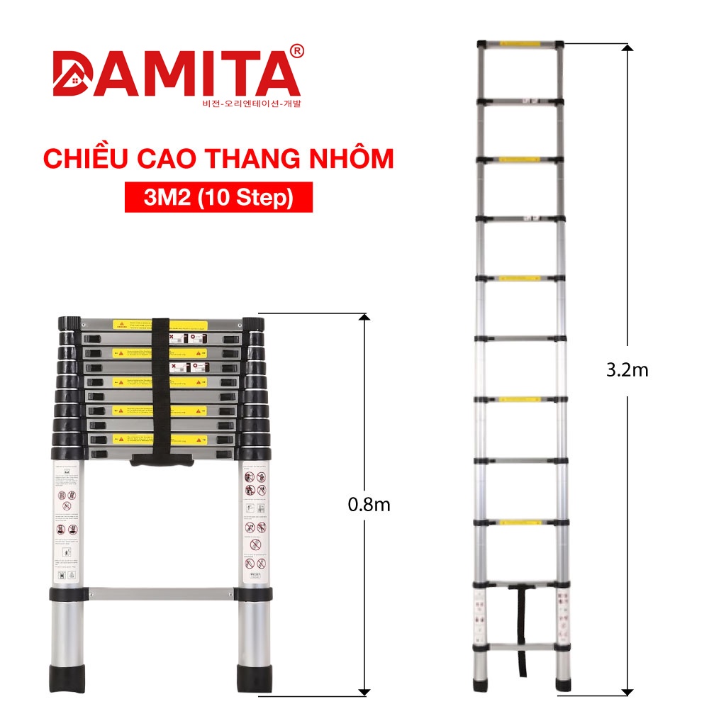 Thang nhôm rút đơn cao cấp 3.2m  PRO DAMITA Hàn Quốc. Kiểm tra hàng trước khi nhận sản phẩm. Bảo hành 24 tháng tại hãng