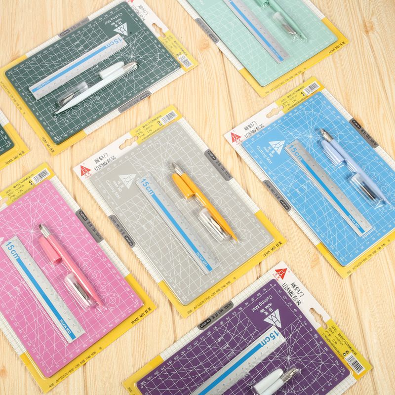 Combo Bộ thước+ dao+Bảng kê Cutting Mat PVC dẻo tự liền khổ size A5 dùng kê cắt, dán, rạch, làm đồ handmade
