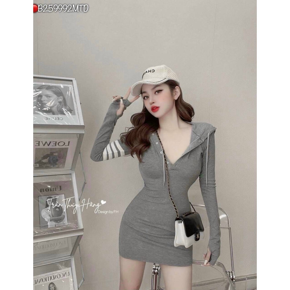 Đầm body kẻ 3 sọc có mũ dáng kiểu hoodi sang chảnh vải mềm co giãn mát 2 màu ghi và đen