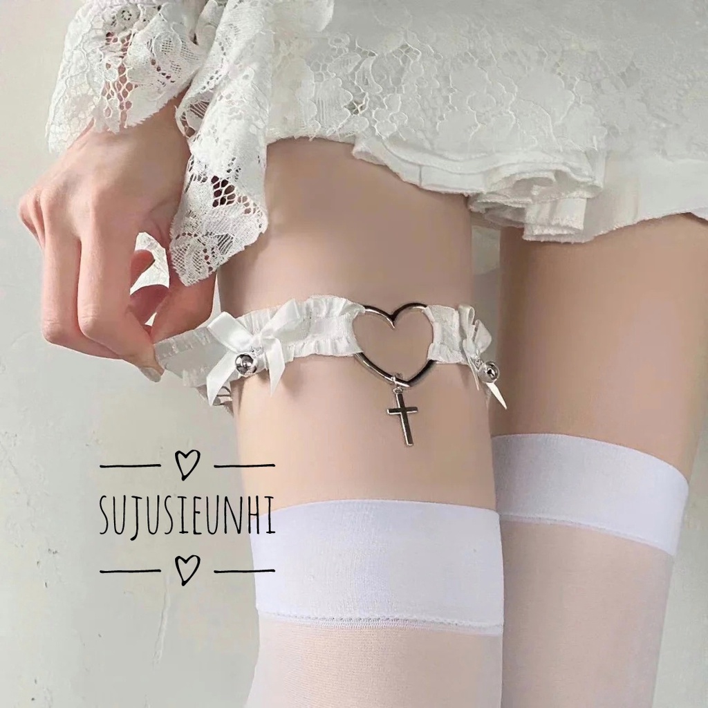 (4 mẫu- Chỉnh được cỡ) vòng choker đeo đùi trái tim đính chữ thập viền ren nơ chuông phong cách lolita