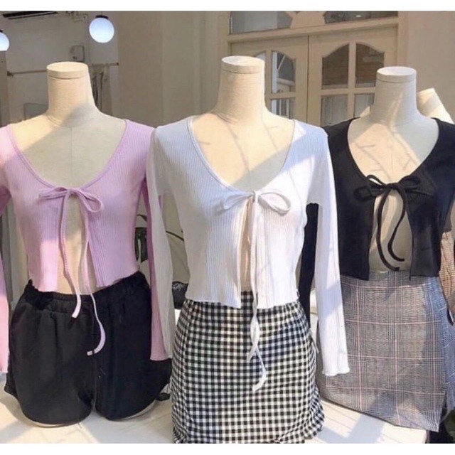 Set áo 2 món khoác cardigan tay dài cột nơ