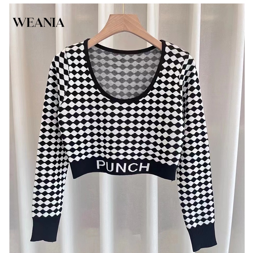 Áo Croptop Dệt Kim Tay Dài Cổ Thuyền Phong Cách Retro Quyến Rũ Cho Nữ