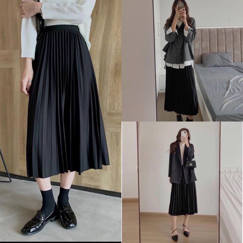 Chân váy xếp ly dáng dài nhẹ nhàng Hàn Quốc Midi xếp li đen trơn công sở Lucy Outfit thiết kế | BigBuy360 - bigbuy360.vn