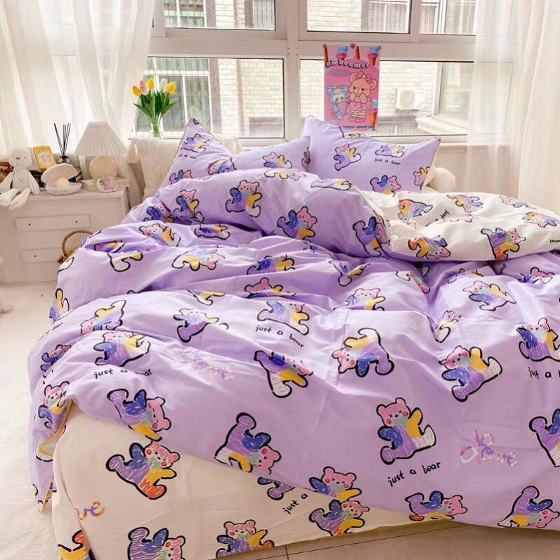 [RẺ VÔ ĐỊCH] Bộ chăn ga gối drap giường cotton poly họa tiết gấu tím trắng