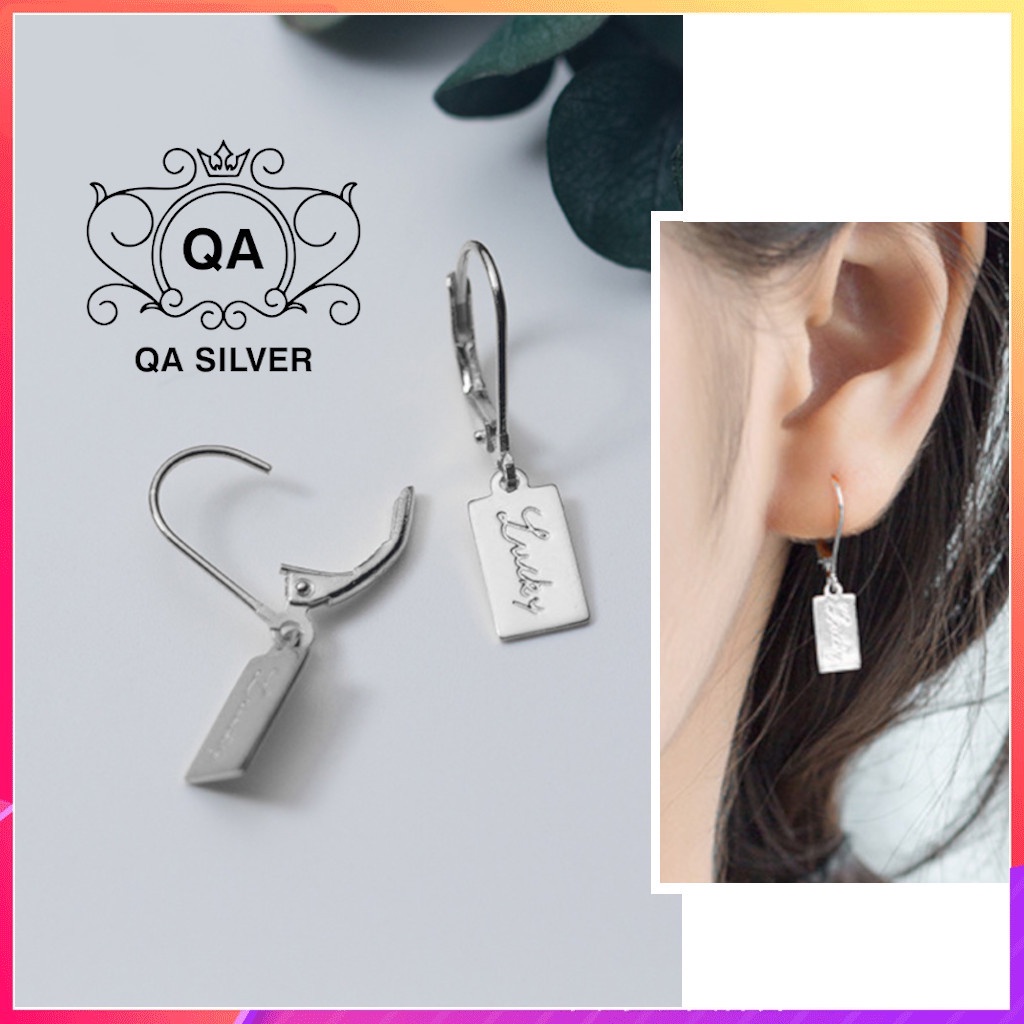 Khuyên tai bạc 925 mặt khắc LOVELY chữ nhật bông nam nữ hình học S925 LOVE Silver Earrings QA SILVER EA220705