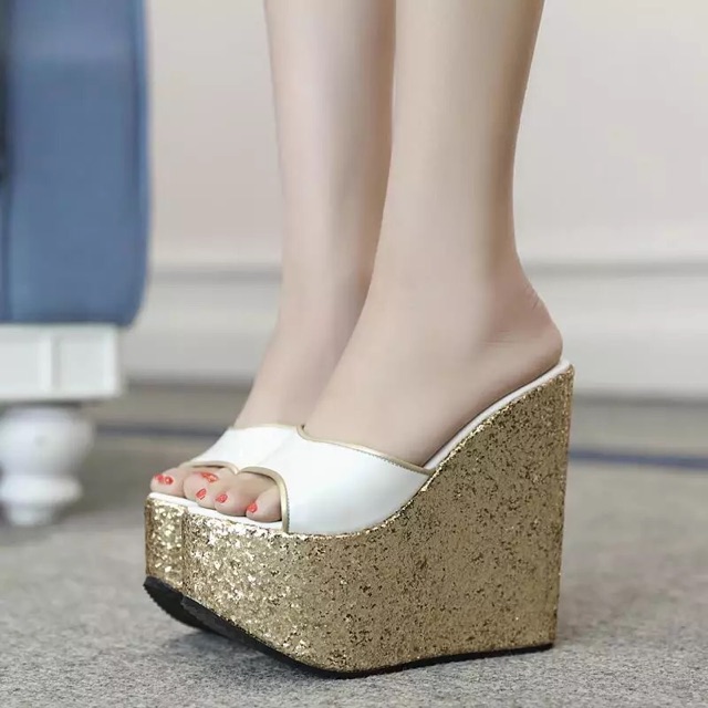 (ORDER) Dép đế xuồng nhũ kim sa 15 - 16 cm, hàng cao cấp
