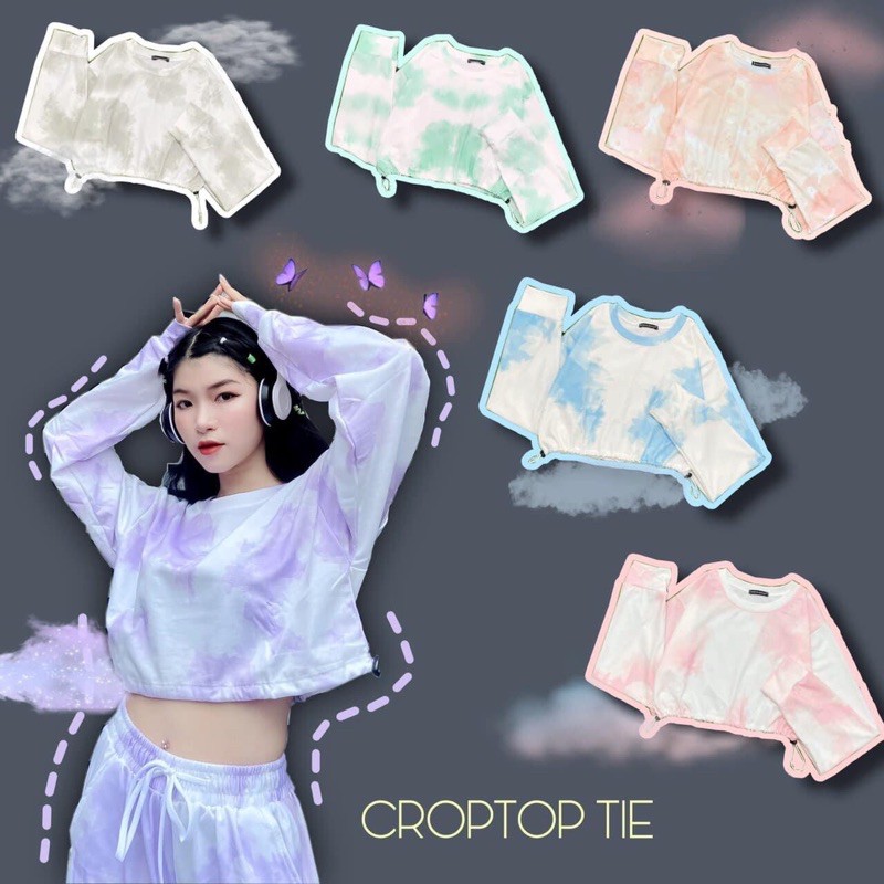 Áo Croptop Dây Rút Loang Tay Dài Ảnh Thật