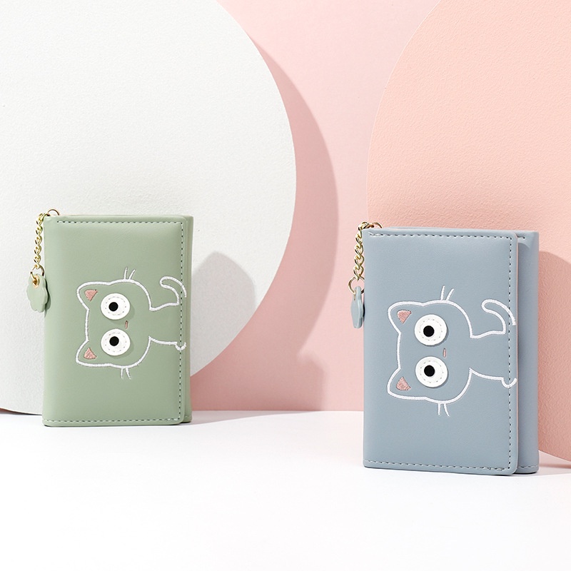 Ví Ngắn Gập Ba Bằng Da Pu Họa Tiết Hoạt Hình Màu Tương Phản Dễ Thương Cho Nữ