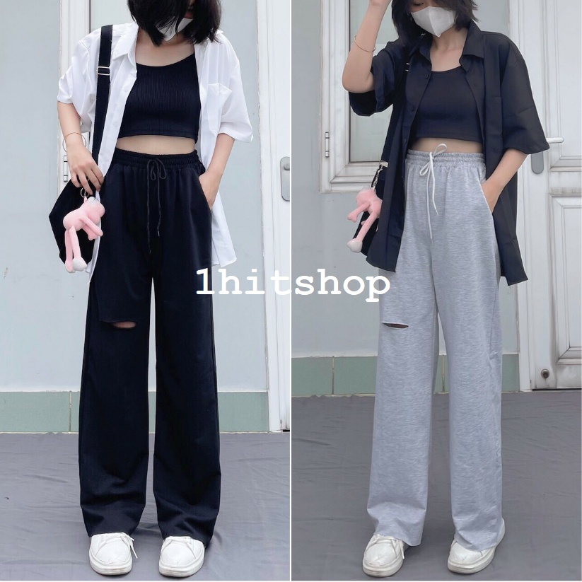 Quần DÀI ỐNG RỘNG RÁCH ĐÙI LAI TƯA Ulzzang Unisex 1hitshop