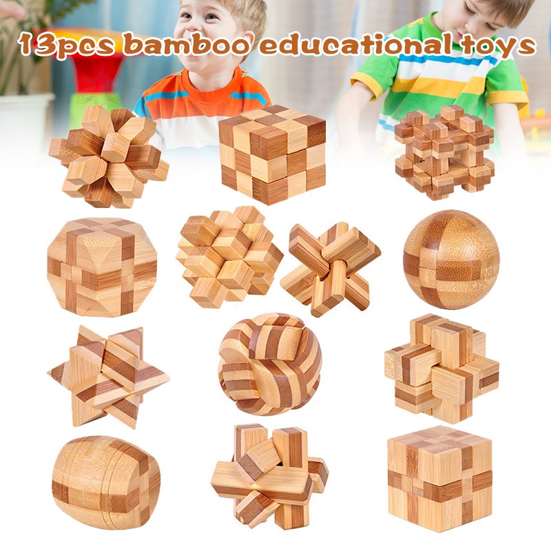 ZFXW 13pcs 3D Wooden Puzzles Kongming Luban Lock IQ Test Toy for Kid Teens Adults 3D Jigsaw Puzzles Wooden Puzzle @VN