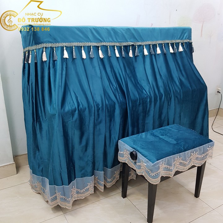 Bộ khăn phủ đàn Piano cơ màu xanh ngọc cao cấp