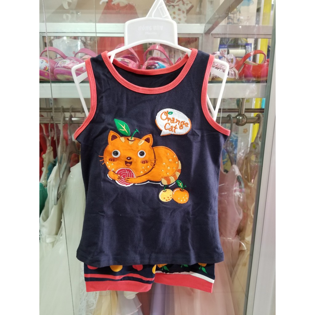 Bộ thun bé trai mùa hè thêu mèo vờn trái cam