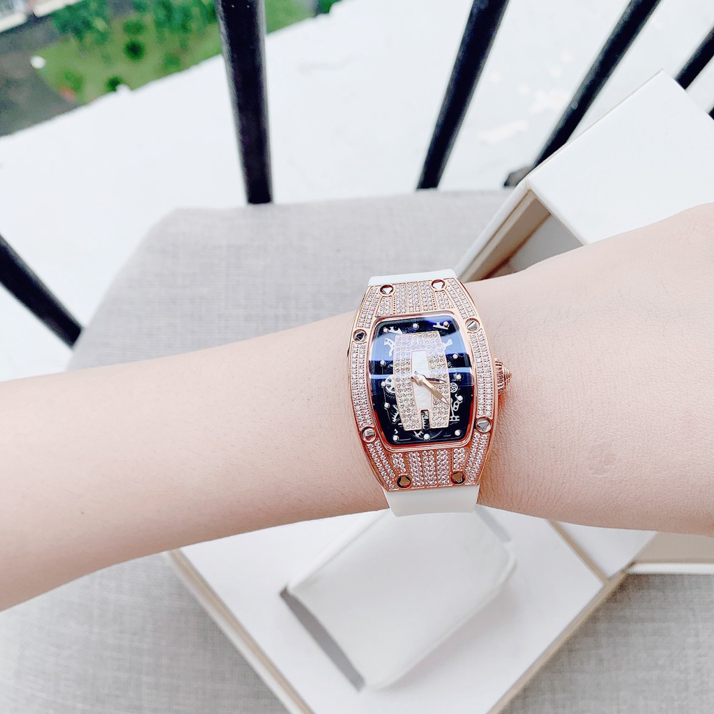 Đồng Hồ Huboler Hanboro Nữ Dây Silicon Trắng Mặt Đính Đá Rose Gold 31x42mm Authentic