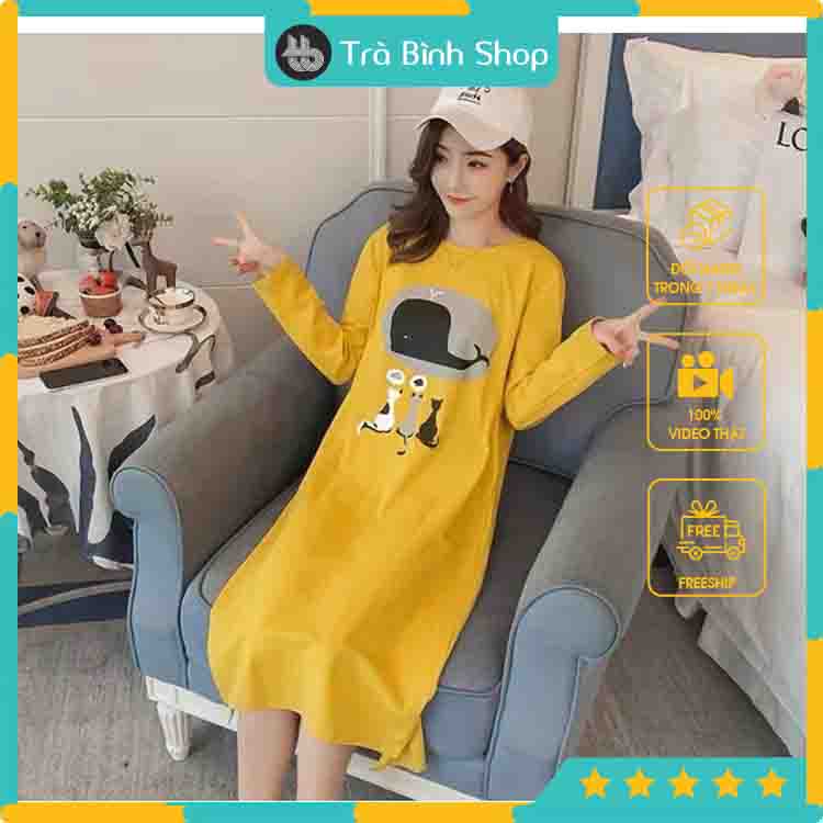 Váy Suông Đầm Suông Dài Tay Thu Đông Có Hình Con Cá Heo Hàng VNXK