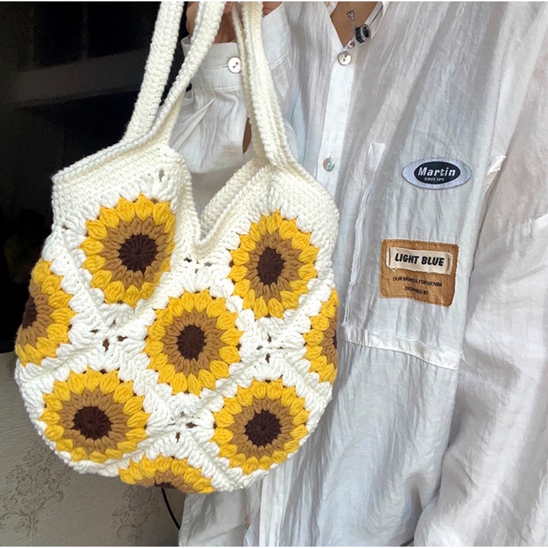 DIY gói nguyên liệu tự đan móc túi xách nữ vintage hoa hướng dương crochet xinh xắn handmade quà tặng tự làm amigurumi