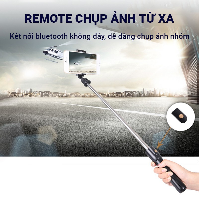 Gậy chụp hình selfie có giá đỡ 3 chân điều chỉnh độ cao, nhỏ gọn dễ mang theo, remote bluetooth chụp ảnh từ xa tiện lợi