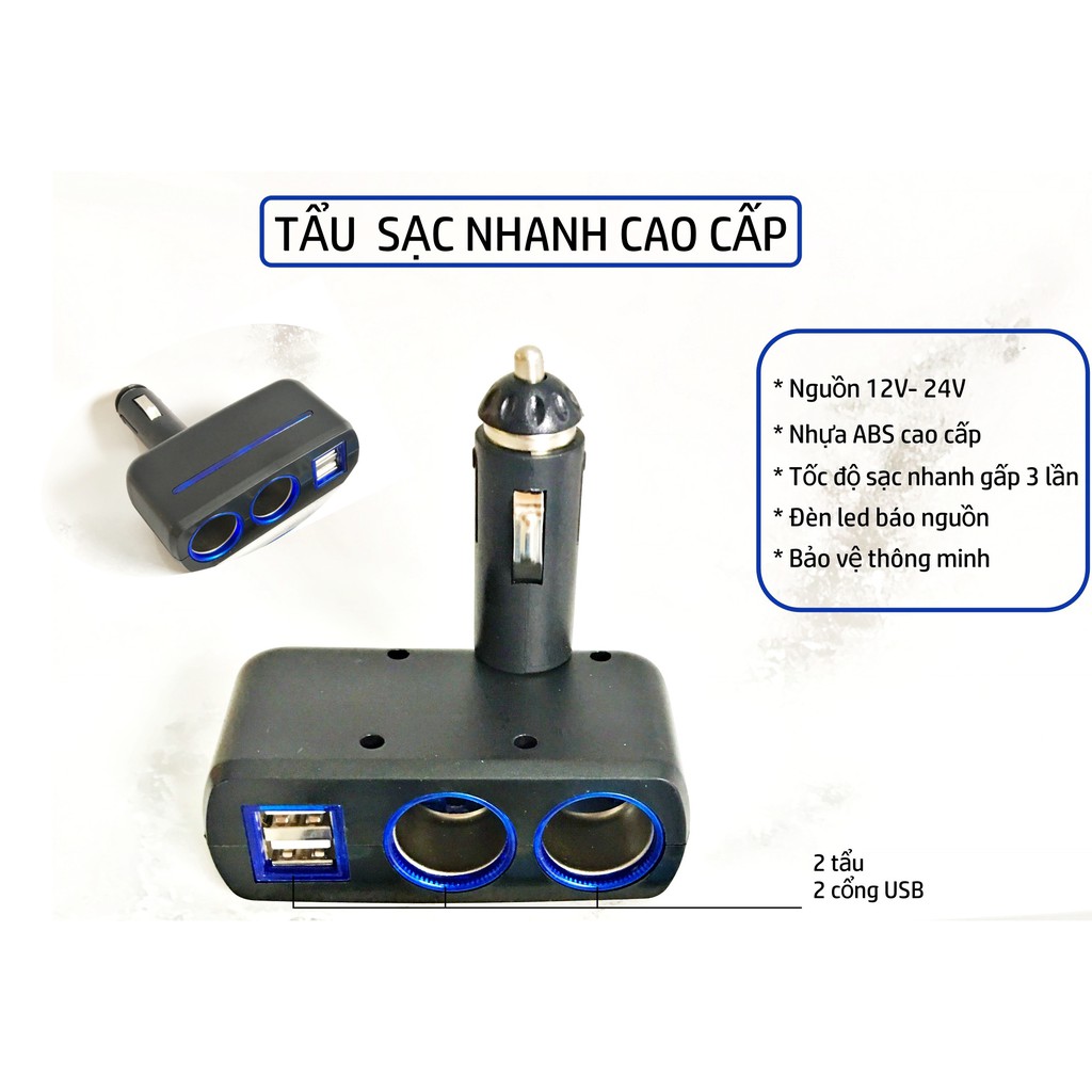 Tẩu Sạc Nhanh Ô tô- xe tải 2 tẩu và 2 cổng USB, đầu vào 12V -24V
